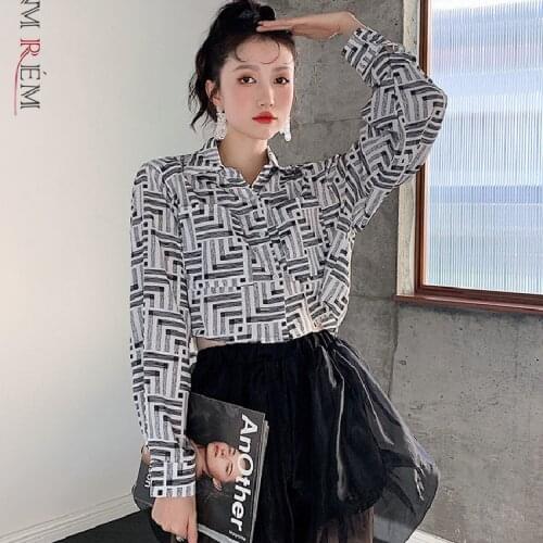 Long Sleeve Lapel Crop Shirt Harajuku Women Printed Fairy Geometric Shirts Ladies Korean Fashion Top Punk Gothic Summer Autumn