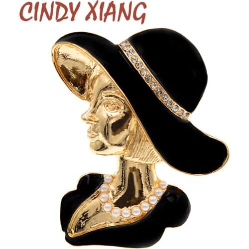 CINDY XIANG Crystal And Pearl Beauty Head Brooches For Women Black Color Fashion Girl Pin Elegant Accessories High Quality New