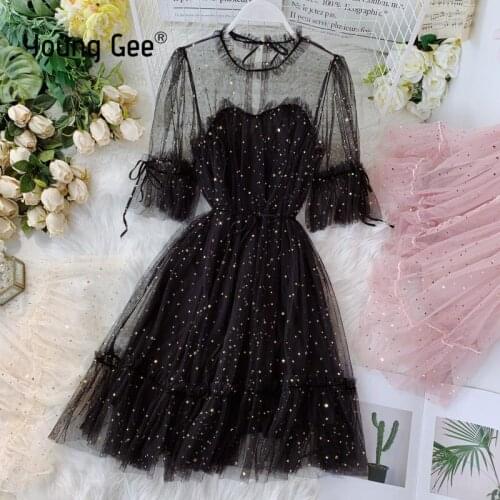 Young Gee Sexy Mesh Bling Stars Women White Black Party Dress Summer Flare Sleeve Elegant Celebrity Loose Dresses vestidos festa