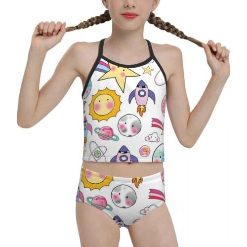 Anime Swimwear for Children young Girls Print Cartoon Anime Sun Rocket Planet Biquini 2021 Wholesale Brand Girl Swimming Suit