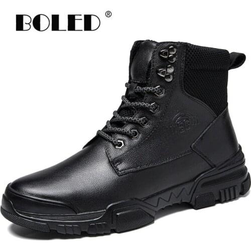 Plus Size Men Boots Natural Leather Plush Fur Ankle Snow Boots Men Vintage Lace Up Outdoor Autumn Winter Shoes Men