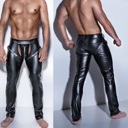 Mens Trousers Open Crotch PU Leather Latex Leggings Fitness Pencil Pants Taniec Na Rurze Clubwear Gay Sexy Wetlook Leggings XXL