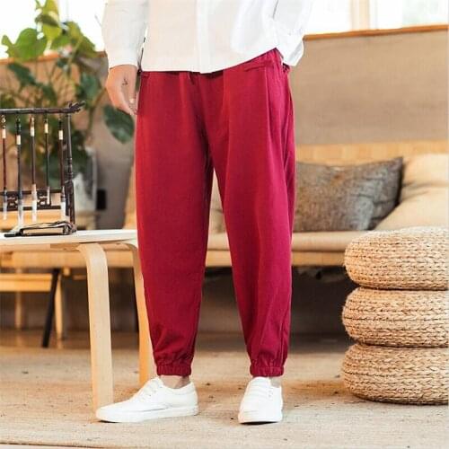 Streetwear Fashion Men Wide Leg Pants Casual Loose Cotton Linen Pants Pocket Drawstring Waist Strap Trousers Plus Size M-7XL