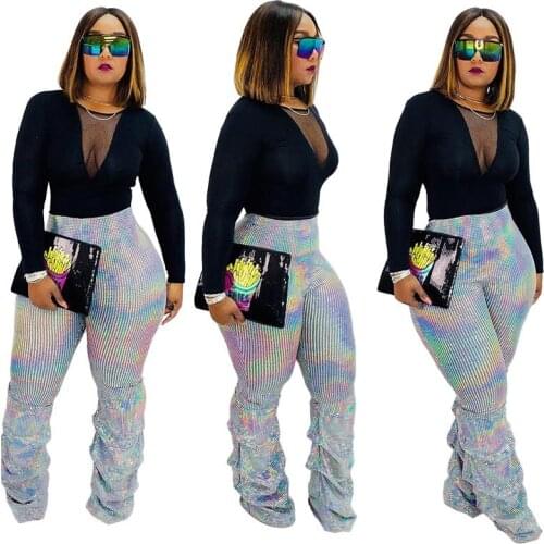Gothic Glitter Sequin Pants Women High Waist Pleated Flare Pants Bell Bottom Ladies Shiny Party Long Trousers Pantalones Mujer