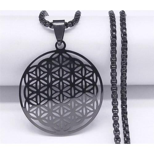 Flower of Life Stainless Steel Long Chain Necklaces Women Black Color Pendant Necklace Jewelry chaine acier inoxydable N429S03