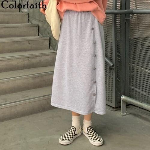 Colorfaith New 2021 Womens Skirts Spring Summer Vintage High Waist Fashionable Korean Buttons Split Wild Long Skirts SK4260
