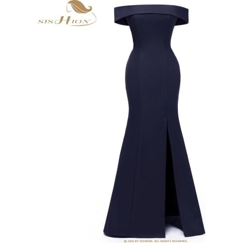 SISHION Slash Neck Long Elegant Dress CD1684 Split Left Navy Blue Wine Red Black Party Dress robe longue