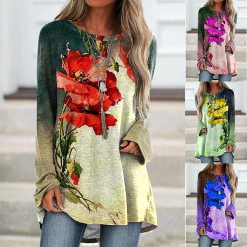 3D Rose Print Tshirt Long Sleeve Women Tops Plus Size Casual T-shirts 2XL 3XL Round Beck Loose Shirts Femme