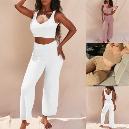 Allukasa Women Knitted Plush Two Piece Set Sexy V Neck Fluffy Tank Crop Top High Waist Pants Outfit Home Suit