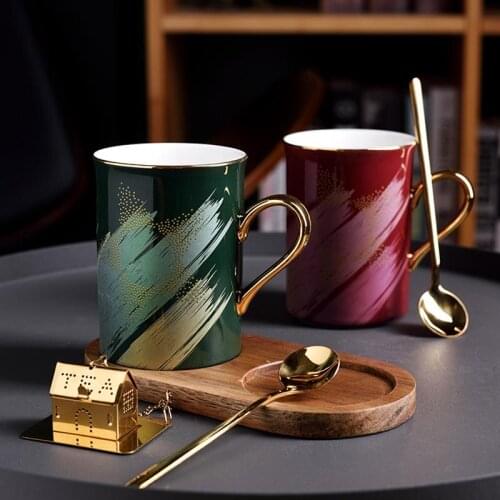 300ml Creative Coffee Cup with Wood Saucer Kit Breakfast Milk Cups Fruit Bread Plate Holder Handle Mug High Grade Mugs Drinkware