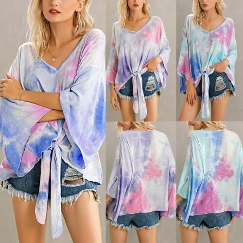 Summer Tie-Dyed Color Loose V-Neck Flared Sleeve Knotted Womens Top