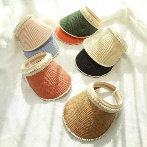 Fashion Womens Cap Handmade Straw Weaving Raffia Sun Visors Pearl Woman Hat Beach Panama New Travel Designer Caps