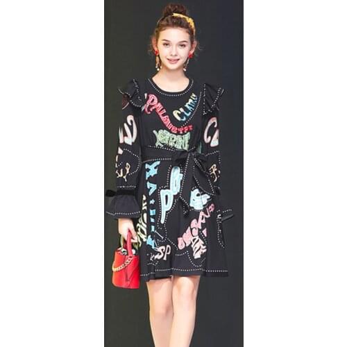 Fashion Designer WomenS Letter Print Beading Dots Flare Sleeve Belt Vintage Elegant Spring New Party Mini Dress