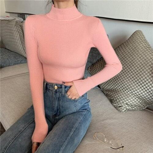 Fashion Pink Autumn Winter Tops Half high collar Pullovers Sweaters Primer shirt Multicolor long sleeve Korean Slim-fit sweater