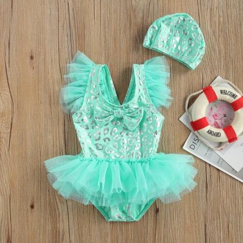 2021 New Girls Summer Swimsuit Set Print Flying Sleeve Tulle Dress+Cap Two-Piece Suit Swimwear for Vacation Swimming Beach