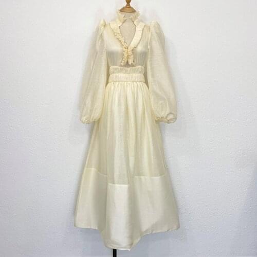 New Silk + 2021 Linen V-neck Long-Sleeved Solid Color Mid-Length Dress