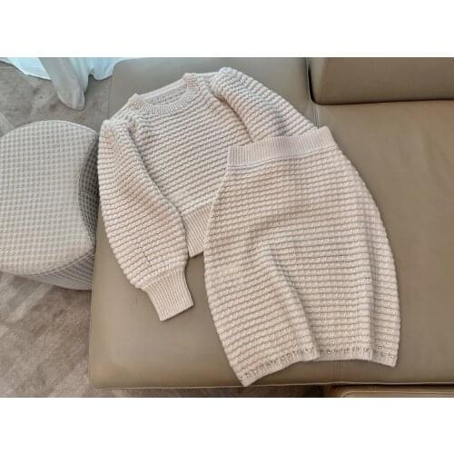 New ladies fashion 2021 suit diamond puff sleeve sweater + over-the-knee skirt 2-piece set 0928