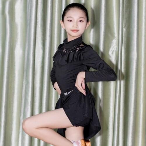 Girlss Latin Dance Clothes Black Lace Dress Irregular Skirt Practice Samba Performance Outfit Latin Dance Dress Autumn DNV13946
