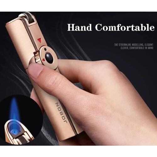 Original Jobon butane gas lighter. Single jet blue flame. Grinding wheel lock fire. ZINC ALLOY windproof cigar/cigarette lighter