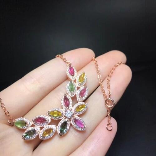 Natural Multicolor tourmaline Necklace natural gemstone Pendant Necklace S925 silver trendy Water droplets women party Jewelry