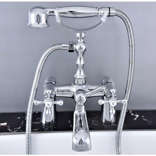 Polished Chrome Deck Mounted Bathroom Tub Faucet Dual Handles Telephone Style Hand Shower Clawfoot Tub Filler atf769