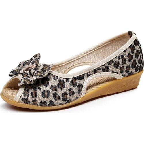 YourSeason Ladies Peep Toe Bow Linen Cotton Fabric Shoes Summer Women Casual Light Breathable Comfortable Flat Leopard Sandals