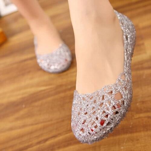 Women Jelly Sandals Ladies Hollow Out Mesh Flat Crystal Bling Shoes Slippers Female Fashion Casual Breathable Woman Comfort Shoe