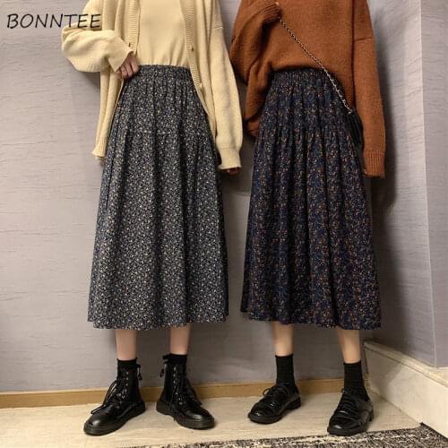 Skirts Women Trendy Chic A-line Mujer Korean Soft All-match Feminino Sexy Vintage Autumn Floral Print Retro Elastic Waist Charm