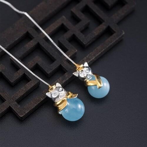 S925 Sterling Silver Cat earrings female court retro style aquamarine long drop earrings charm womens anniversary