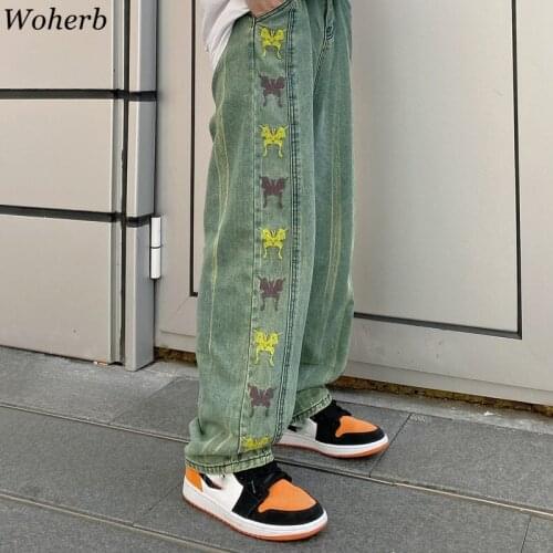 Woherb Jeans Woman Man Pants Harajuku Butterfly Embroidery Chic High Waist Streetwear All-match Ins Vintage Denim Trousers 2021