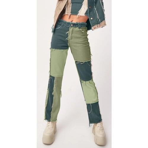2021 Straight Jeans Women Ladies Contrast Color Patchwork Trendy Stylish Wild High Waist Chic Fitting Denim Pants with Pocket