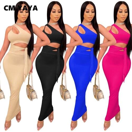 CM.YAYA Women Two 2 Piece Outfits Set One Shoulder Cut Out Crop Tops and Bodycon Midi Maxi Skirts Matching Set Streetwear