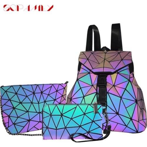 Women backpack geometric luminous schoolbag for teenage girl crossbody bag for ladies backpacks bag set clutch and purse 2020