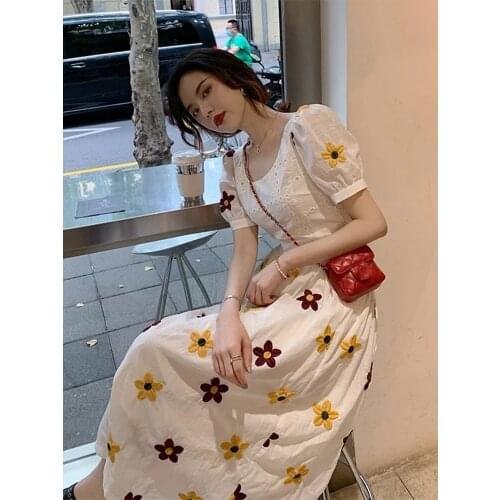 2021 New Sweet Embroidery Sun Floral Midi Dress Women Elegant Puff Sleeve O Neck Clothes