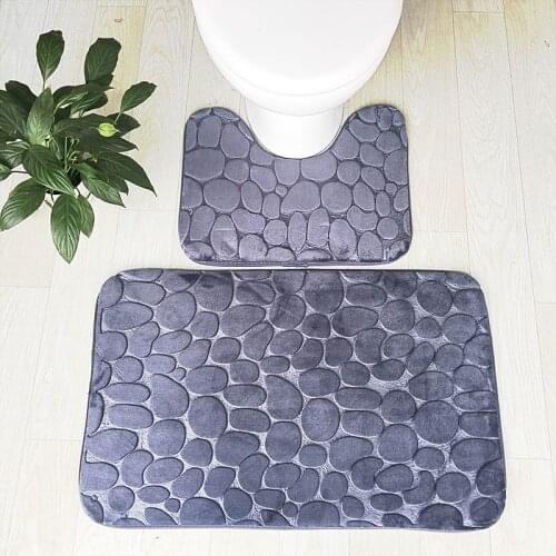 2pcs/Set 3D Cobblestone Bathroom Carpet Toilet Rugs High Resiliency Bath Floor Mats Toilet Lid Cover Anti Slip Flannel Pads