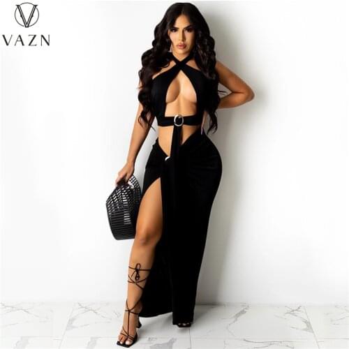 VAZN 2021 Hot Sweet Solid Young Sexy Club Hollow Out Open Halter Off Shoulder Backless Long Dress Women Thin Maxi Dress