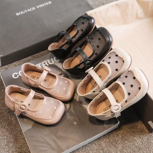 2021 Spring/Autumn Girls Mesh Leather Splicing Single Shoes Childrens Shoes&Cute Little Girl Princess Hook&Loop Shoes