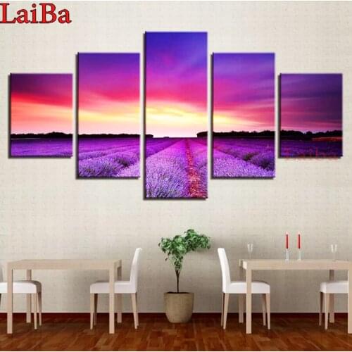 5D DIY Diamond embroidery Lavender field full Square round diamond Painting Cross Stitch Rhinestone Mosaic 5 pcs decoration gift