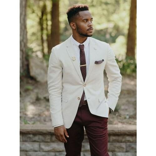 ANNIEBRITNEY White 2 Piece Slim Men Suit With Burgundy Pants Tailor Made Skinny Groom Wedding Tuxedo Prom Wedding Men Suit Set