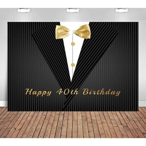 Calssman 40th Birthday Banner Backdrops Photography Black Suit and Gold Tie Personalized Studio Background for Party Photo Booth