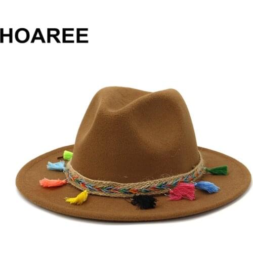 HOAREE Khaki Fedora Felt Hat for Women Vintage Ladies Trilby Cap with Tassels Autumn Winter Fedora Female Jazz Panama Indy Hat
