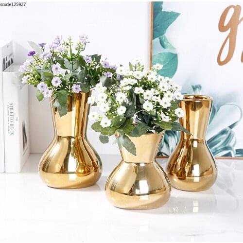 European-style Electroplating Ceramic Gold Vase Luxury Golden Flower Arrangement Hydroponic Container Living Room Ornaments Vase