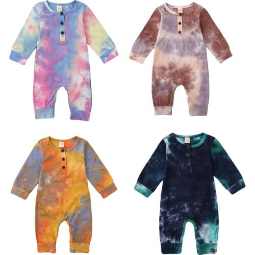 Infant Newborn Baby Boy Girl Button Rompers, Long Sleeve Tie Dye Print One Piece Jumpsuit Fall Warm Clothes