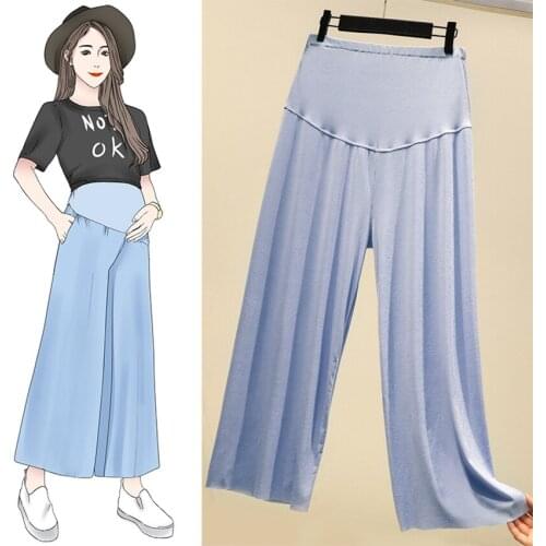 Ice silk wide leg pants pregnant women high waist stomach lift vertical strip loose nine points straight pants thin section thin
