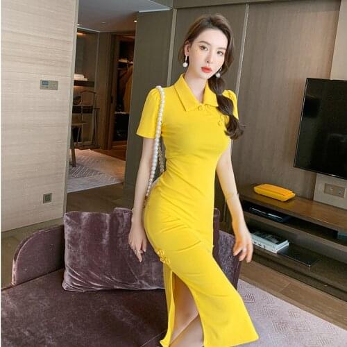 Summer Women Chic Fashion Split Midi Polo Shirt Dress Vintage Short Sleeve Wrap Bodycon Chinese Cheongsam Dresses Lady Vestidos