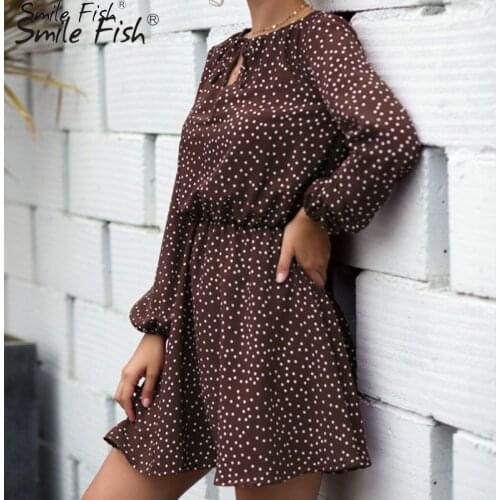 Fashion Chiffon Women A-Line Slim Office Lady Female Dresses Coffee 2021 Autumn O-Neck Elegant Dot Printed Mini Sexy Dress GV952