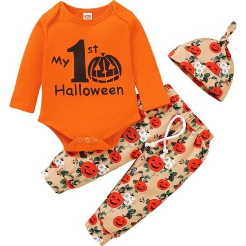 New Lovely Baby Boy My First Halloween Letter Bodysuit Kids Pant Newborn Hat Boys Outfits Baby Girl Set Autumn Clothing 3PCS Set