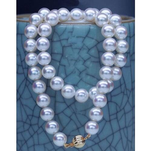 Charming luster round AAAA 18" 9-10 mm white pearl necklace Yellow Clasp
