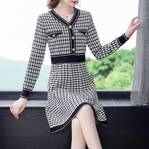 Autumn dress waist slimming knitted a-line skirt retro long-sleeved dress vestidos de festa Elegant Dress Female