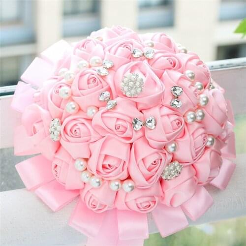 Bridal Hand Holding Wedding Bouquets Hot Pink Satin Rose Stunning Crystal Brooch Wedding Bouquets Flower